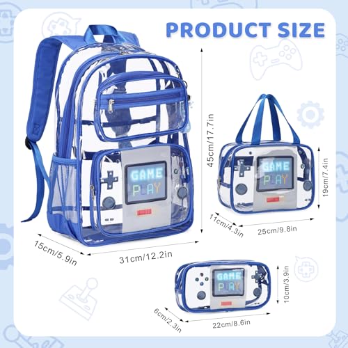 ACESAK Clear Backpack for Boys Girls - 3 Pcs Clear Heavy Duty with Lunch Bag - See Through Backpack Stadium Approved - color: Blue Game