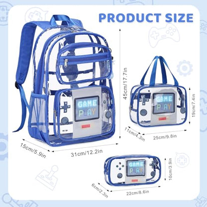 ACESAK Clear Backpack for Boys Girls - 3 Pcs Clear Heavy Duty with Lunch Bag - See Through Backpack Stadium Approved - color: Blue Game