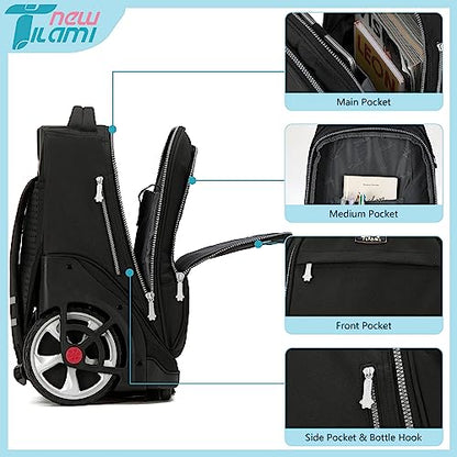 NEW TILAMI 19 inch Rolling Backpack Teens Rolling Backpack Cute Wheeled Laptop Backpack Bookbag Roller Travel Bag College, Black - color: Black