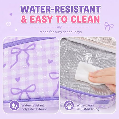 LEDAOU Lunch Box Kids Insulated Lunch Bag Girls Boys Toddler Reusable Lunchbox for School Picnic Hiking (Checkered-Purple Bow) - color: Checkered-Purple Bow