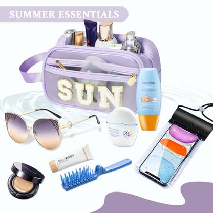 COSHAYSOO Clear Sunscreen Bag Makeup Toiletries Pouch Beach Vacation Essentials Summer Travel Stuff Accessories Personalized Graduation Gifts for Her Women College Teen Girls Teacher Nurse Purple SUN - color: Purple-SUN