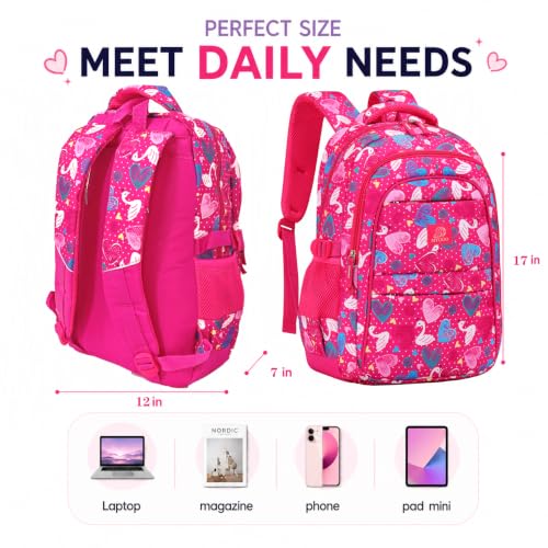 MYGOO Girls School Backpack Euclid Swan Pink Bookbag for Elementary Middle School Ages 5-12, 17 inch Large Capacity 24L Kids Student Travel Bags - color: Euclid Swan Pink