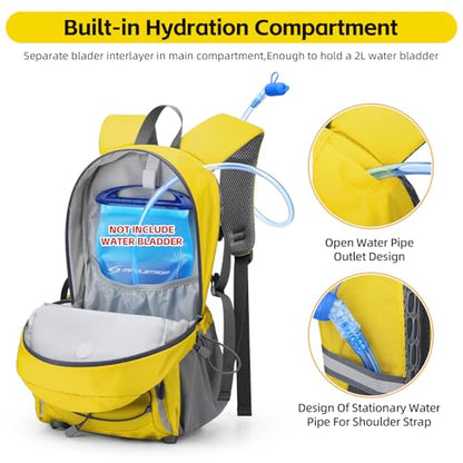 RealCool 20L Lightweight Hiking Backpack, Waterproof Daypack for Camping | 210D tear-resistant nylon, breathable shoulder and back panel, Multi-Compartment,hydration system,reflective strip,bungee net - color: Yellow, size: 20L