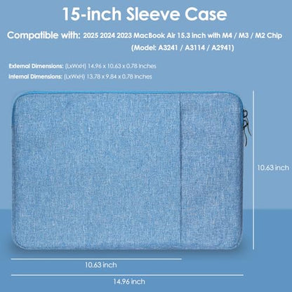 ProElife 15-Inch Laptop Sleeve Case for 2024 2023 MacBook Air 15 inch with Apple M3 M2 Chip Accessory Traveling Carrying Simple Case Water-Resistant Bag Cover for MacBook Air 15'' M3 M2 (Light Blue) - color: Light Blue