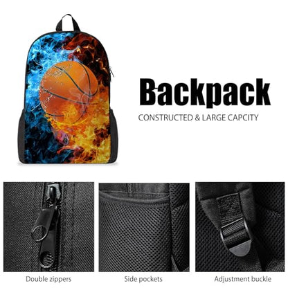 Basketball Backpack Set for School,17 Inch Casual School Bags with Lunch Box, Kids Daypack Bags and Pencil Case Set for Teens Boys Men Students - color: Ice&fire-basketball
