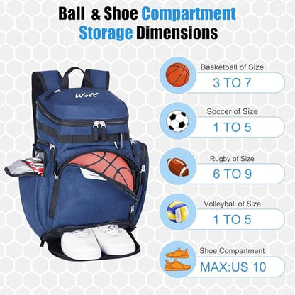 WOLT Basketball Backpack, Basketball Bag for Men with Shoes Compartment, Sports Backpack for Baseball, Soccer, Football - color: DarkBlue