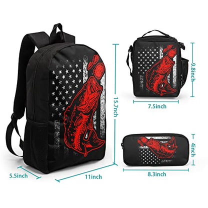 Giwawa Bass Fishing Lure Teens School Backpack Set American Flag Canvas Girls Boys School Bags Travel Bookbags 3 in 1 - color: Fishing Flag-1