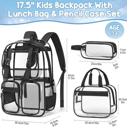 Fimibuke Clear Backpack for Girls - 3 PCS Heavy Duty Kids Boys Clear Bags Schoolbag Large Transparent PVC Bookbag with Lunch Box Pencil Case Set for Travel School Concert Stadium Events Backpacks - color: black