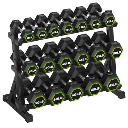HANDBODE 3-Tier Dumbbell Rack Stand, 1000LB Capacity Storage Rack, Weight Rack for Dumbbells, Kettlebell, 390–700 lb Rubber Coated Fixed Weight Sets, Home Gym Strength Training Equipment - color: 700 lb Set (15-65 lb) *2 & Rack