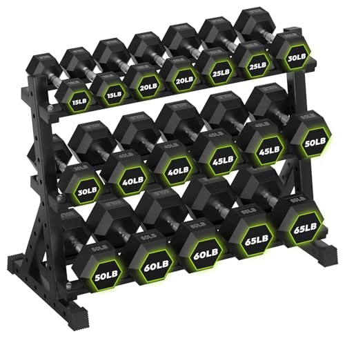 HANDBODE 3-Tier Dumbbell Rack Stand, 1000LB Capacity Storage Rack, Weight Rack for Dumbbells, Kettlebell, 390–700 lb Rubber Coated Fixed Weight Sets, Home Gym Strength Training Equipment - color: 700 lb Set (15-65 lb) *2 & Rack