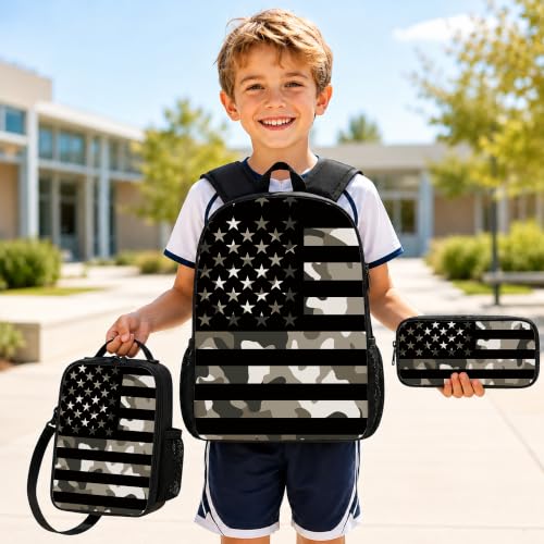 3PCS Camouflage flag Backpack for Boys Girls Teens, School Backpack with Lunch Box Pencil Case for Elementary Middle High Students, 17 Inch Lightweight Bookpack 3 in 1 Set Back to Shool for Kids - color: Flag