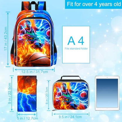 AGSDON 3PCS Boys Backpack for Boys, 17" Kids Bookbag with Lunch Box for Boy,Basketball Flame Thunder Backpacks Water Resistant and Lightweight for Teen - color: Basketball 01