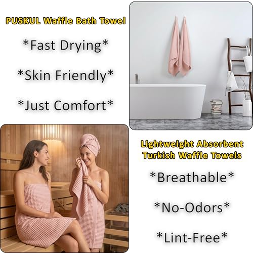PÜSKÜL Natural 100% Turkish Cotton Waffle Bath Towels Set of 2-Piece | 32x63 inch Extra Large Absorbent Quick-Dry Lightweight Spa Towel | Luxury Sauna Accessories (Pink Powder Bath Towels - Pack of 2) - color: Pink Powder