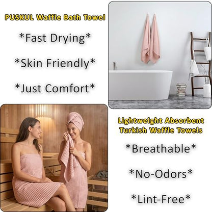 PÜSKÜL Natural 100% Turkish Cotton Waffle Bath Towels Set of 2-Piece | 32x63 inch Extra Large Absorbent Quick-Dry Lightweight Spa Towel | Luxury Sauna Accessories (Pink Powder Bath Towels - Pack of 2) - color: Pink Powder