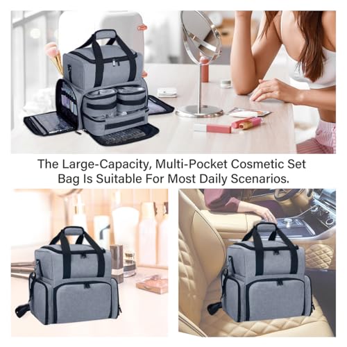Large Makeup Cosmetic Bag with 3 Removable Case and 2 Removable Dividers Double Layer Travel Storage Organizer, Makeup Brushes Storage Section Grey - color: Grey