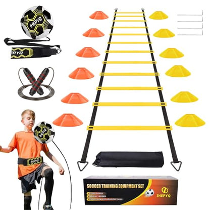 IHEPYQ Soccer Agility Training Equipment Set, 12 Rung 20Ft Agility Ladder, 12 Disc Cones, 4 Steel Stakes, Solo Soccer Trainer, Jump Rope - Speed Training Equipment for Soccer Football Basketball - color: Yellow