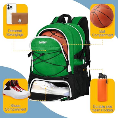 DAFISKY Basketball Backpack Sports Bag | Basketball Bag with Shoe Compartment and Ball Holder, 30L Large gym bag for boys girls - color: Green