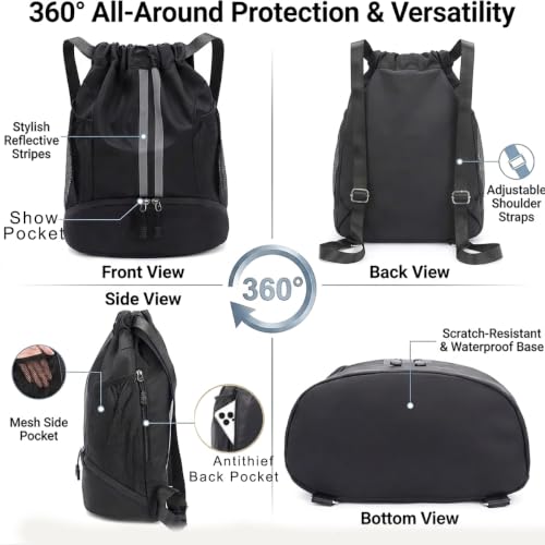Drawstring Backpack with Shoe Compartment,Water Resistant Sports Gym Bag,String Bag for Men Women,Soccer,Basketball - color: Black