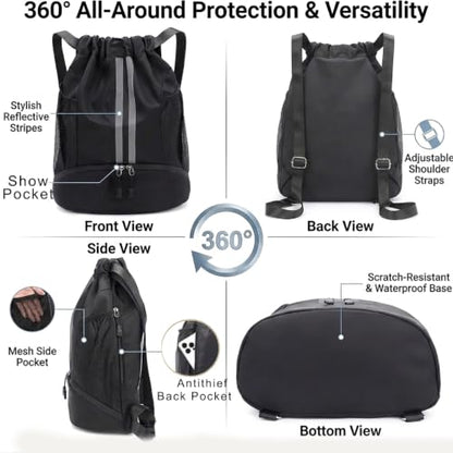 Drawstring Backpack with Shoe Compartment,Water Resistant Sports Gym Bag,String Bag for Men Women,Soccer,Basketball - color: Black