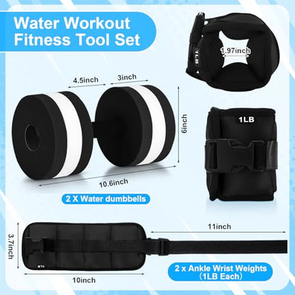 Hollowfly Water Aerobics Set, 4 Piece Pool Exercise Kit (2 Aquatic Dumbbells + 2 Ankle/wrist Weights), EVA Foam, Low-impact Workout - color: Black, size: 1lb