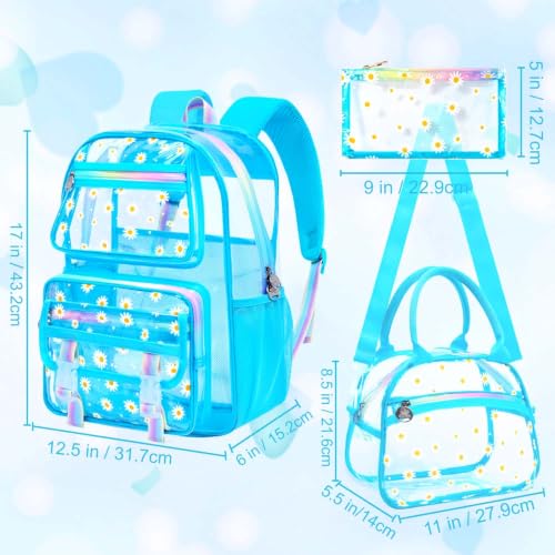 KLFVB Clear School Backpack Heavy Duty, 3PCS Girls See Through Bag Set, Cute Transparent Bookbag for Women - Chrysanthemum Sky Blue - color: Chrysanthemum Sky Blue Clear Backpack