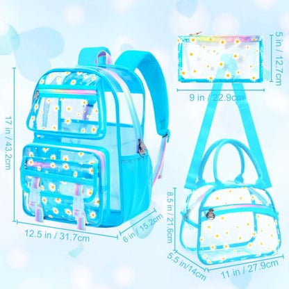 KLFVB Clear School Backpack Heavy Duty, 3PCS Girls See Through Bag Set, Cute Transparent Bookbag for Women - Chrysanthemum Sky Blue - color: Chrysanthemum Sky Blue Clear Backpack
