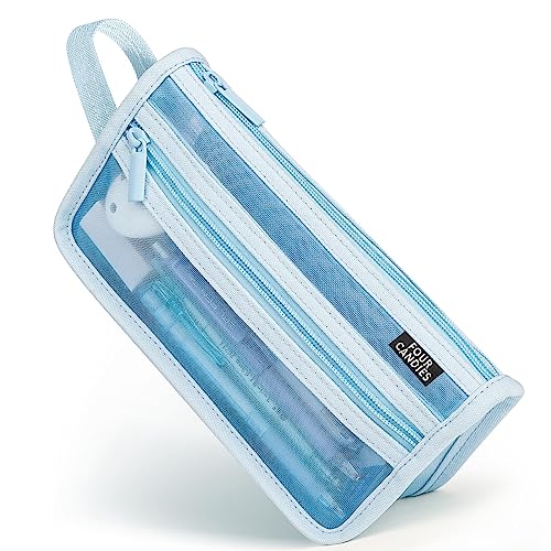 Four Candies Grid Mesh Pencil Case with Handle and Zipper, Clear Double-layer Pencil Pouch Marker Pouch, Travel Makeup Bag, Cute Transparent Stationary Organizer Pen Bag for Adult Office College - color: Blue