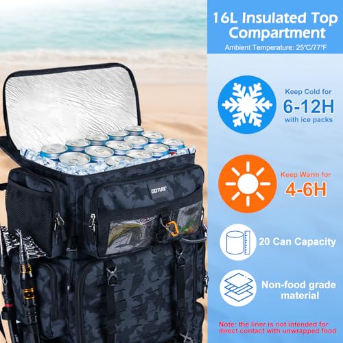 Goture Fishing Backpack with Cooler, 72L 600D Tackle Backpack Included 4 3700 Tackle Boxes, Dry & Wet Split Compartment, Large Fishing Tackle Bag with Rod Holders,Rain Cover for Travel Camping Hiking - color: A2:Camo with 4 3700 Tackle Boxes