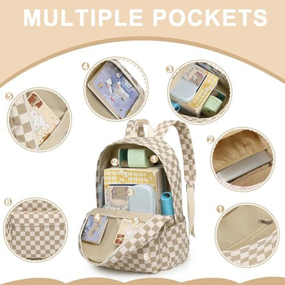 Bluboon School Backpack for Teen Girls Women Laptop Backpack College Bookbags Middle School Travel Work Commuter Back Pack - color: Brown White Grid