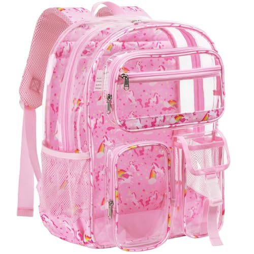Vorspack Clear Backpack for Girls, 17 Inch Heavy Duty Transparent School Bookbag with Reflective Strip, See Through Kids Unicorn Backpack for Ages 9-15, Pink - color: Pink, size: Teens-17''H