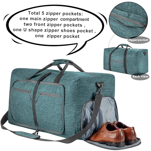Vomgomfom 65L/85L/115L Foldable Travel Duffle Bag, Lightweight Checked Luggage with Shoe Compartment, Water-Resistant Weekender Overnight Bag for Men & Women - color: F Green, size: 65L