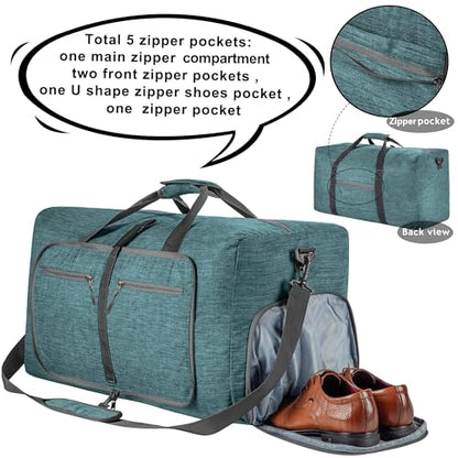 Vomgomfom 65L/85L/115L Foldable Travel Duffle Bag, Lightweight Checked Luggage with Shoe Compartment, Water-Resistant Weekender Overnight Bag for Men & Women - color: F Green, size: 115L