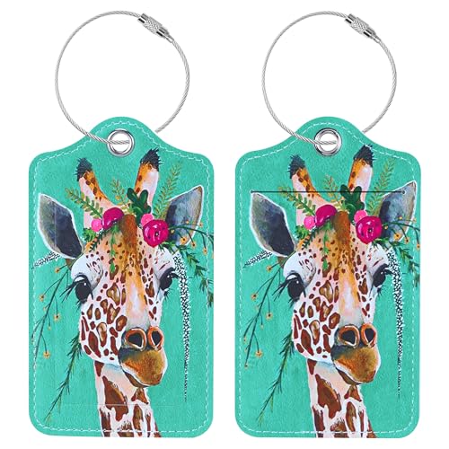 Luggage Tags for Suitcases, 2 Pack Cute PU Leather Suitcase Tag Identifiers TSA Approved with Stainless Steel Loop and Address Card for Baggage Tag for Travel Essentials Giraffe, by Chelmon - color: Giraffe
