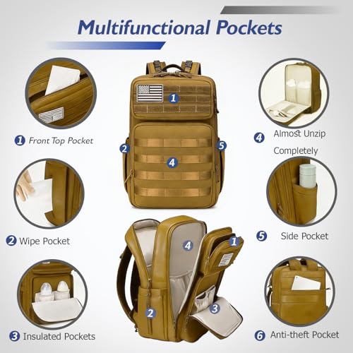 LORADI Large Dad Diaper Bag Backpack, Tactical Style, Brown | Stroller Clips, Luggage Sleeve for Travel, Insulated Pockets - color: Brown