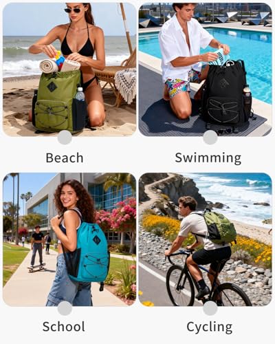 WANDF Drawstring Backpack with Removable Wet Pocket, Sandproof Beach Backpack with Bottom Compression Strap for Beach Mat, Swim Bag for Pool, Gym, Travel and Workout Gear (Dark Green) - color: Dark Green