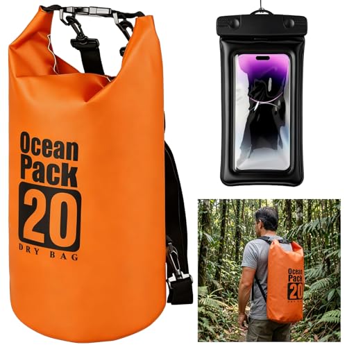 Waterproof Dry Bag, 20L Water Proof Backpack, Roll Top Closure Dry Bag Orange, Heavy Duty Floating Pouch for Kayaking Boating, Durable Hiking Backpack with IPX8 Waterproof Phone Case-Black, 7" - color: Orange dry bag 20L + Phone pouch 7"