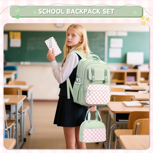 MUSEVOS Girls Backpack with Lunch Bag, Kindergarten Elementary Middle School Backpack, Multiple Compartments Large Capacity Kids Bookbag 3 Pcs Set (Green) - color: Green-3pcs Set