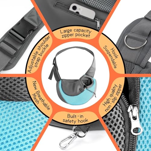 YUDODO Pet Sling Carrier for 5-9 lbs Small Dogs & Cats – Hands-Free Puppy Carrier with Safety Hook, Large Zipper Pocket, Soft Breathable Mesh, Adjustable Strap & Reflective Strip (Cyan 1.0 M) - color: Cyan 1.0 Basic (Zipper Pocket), size: Medium (4.5-9lbs