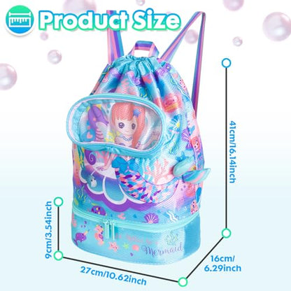 Drawstring Backpack for Kids Girls, Cute Cartoon Mermaid Waterproof Drawstring Bag String Swim Gym Sports Beach Bag with Shoes & Sunglasses Compartment and Wet Proof Pocket - color: J14. Mermaid