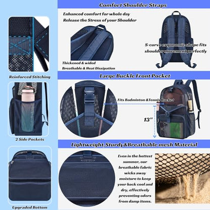 Metaverse Mesh Sports Backpack 20 Inch with Racket Holder for Men Women, Large Travel Gym Beach Backpack with Water Bottle Pockets - color: Navy