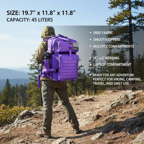 45L Military Tactical Backpack for Men & Women Bug Out Bag Assault pack Molle Daypack Hiking Trekking Rucksack (2.0 side pockets (purple)) - color: 2.0 Side Pockets (Purple)