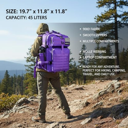 45L Military Tactical Backpack for Men & Women Bug Out Bag Assault pack Molle Daypack Hiking Trekking Rucksack (2.0 side pockets (purple)) - color: 2.0 Side Pockets (Purple)