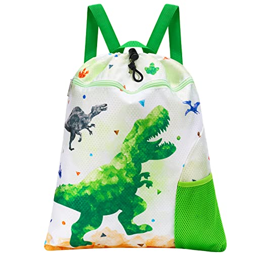 WAWSAM Gym Drawstring Backpack String Bag - 15” x 17” Sports Gym Bag for Kids Waterproof Swimming Beach Shopping Yoga Bag - color: Green Dinosaur
