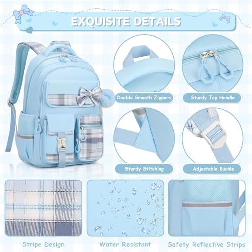 MOONBABY Girls Backpack, Kids Backpack for Girls School Bags with Lunch Bag & Pen Case, Bow Plaid Book Bag for Elementary Middle Primary High School College,Blue-3pcs - color: Blue Set
