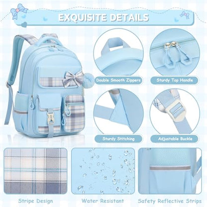 MOONBABY Girls Backpack, Kids Backpack for Girls School Bags with Lunch Bag & Pen Case, Bow Plaid Book Bag for Elementary Middle Primary High School College,Blue-3pcs - color: Blue Set