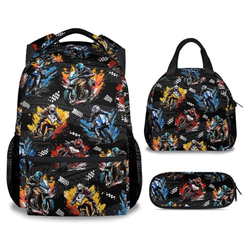 Kids Backpack Set - Motorcycle Backpacks for Boys - 3Pcs Toddler Bookbag with Lunch Box Pencil Case - Boys School Bag for Kindergarten/Preschool/Elementary (17 Inch) - color: Blue