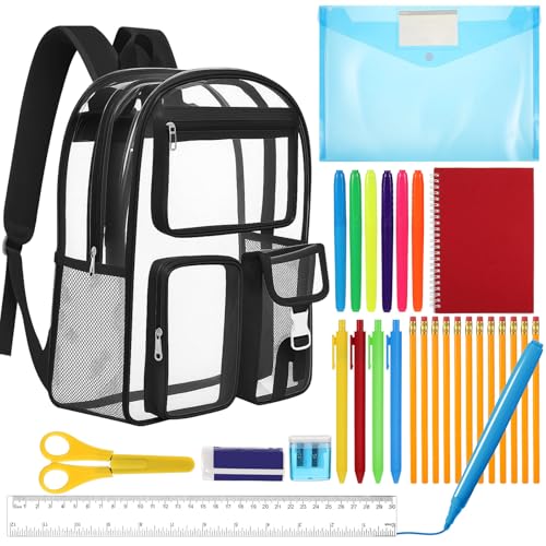 Amylove 29 Pcs Clear Backpacks with Study Supplies, 17in Transparent PVC Bag for Elementary, Intermediate, or High School, Stadium Approved See Through Bookbag to Study Supplies for Students - size: 17in