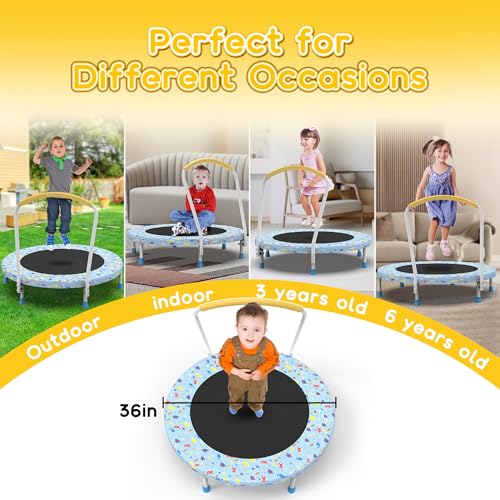 Mersco 36" Mini Toddler Trampoline with Handles, Indoor Quiet Kids Trampoline with Super Safety Mat and Durable Steel Frame, Indoor/Outdoor - color: Light Blue Print