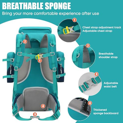 Bseash 70L (65+5) Waterproof Hiking Camping Backpack with Rain Cover, Outdoor Sport Travel Daypack for Climbing Touring (Blue Green) - color: Blue Green