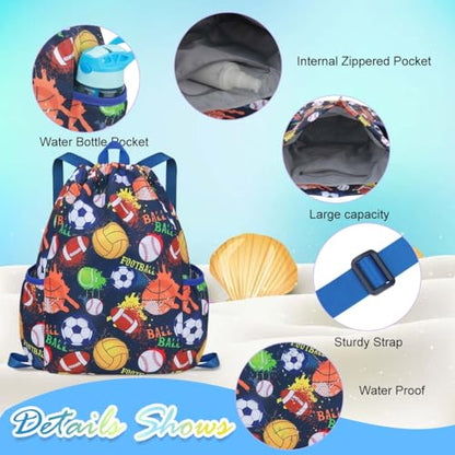 RHCPFOVR Drawstring Backpack for Kids - Football Bags for Girls Mini Gym Dance Beach Swim Travel Bag With Two Water Bottle Holder - color: Football